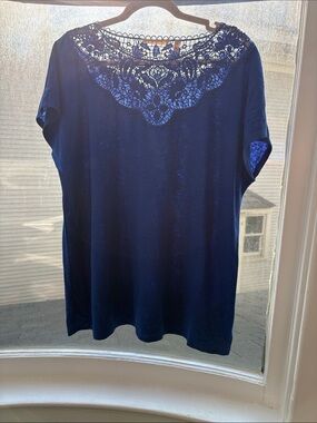 Soft Surroundings Navy Crochet Yoke Short Sleeve Tee-Medium